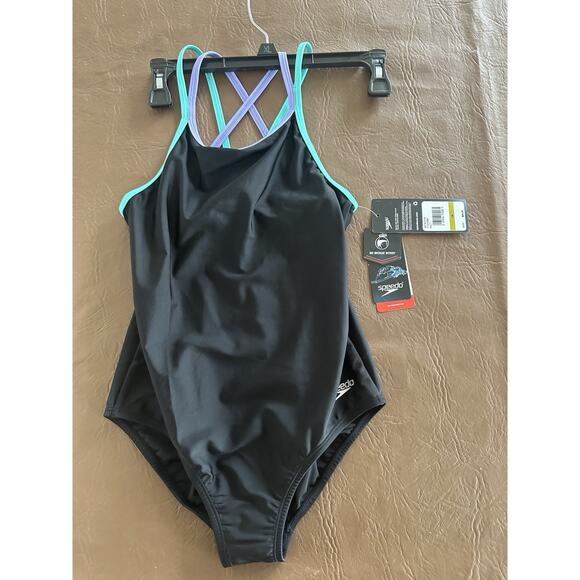 Speedo Girls Swimsuit one piece solid cross back multi strap Size 14 child - Picture 1 of 3
